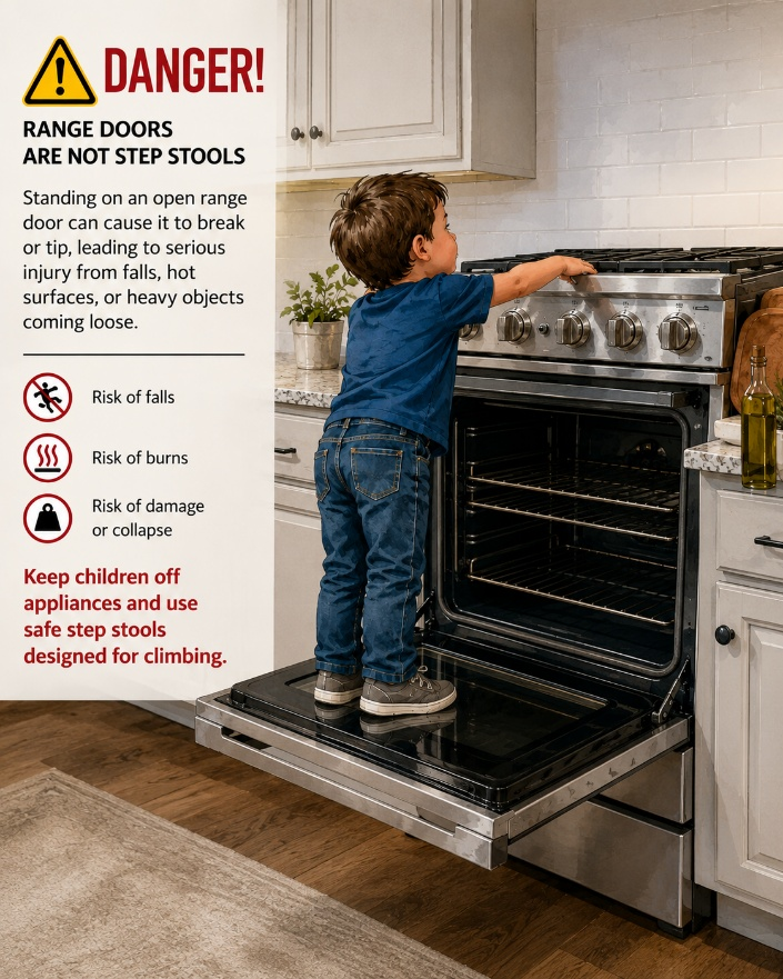 Safety poster shows a child standing on an open oven door, reaching toward the stove, warning of fall, burn, and appliance-collapse risks.